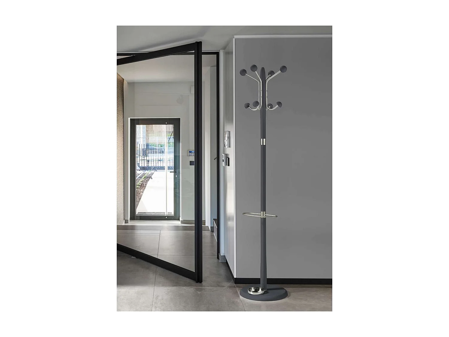 Perchero mod. 421 con paragüero herrajes en cromo satinado lacado azabache, 180 cm(alto)3