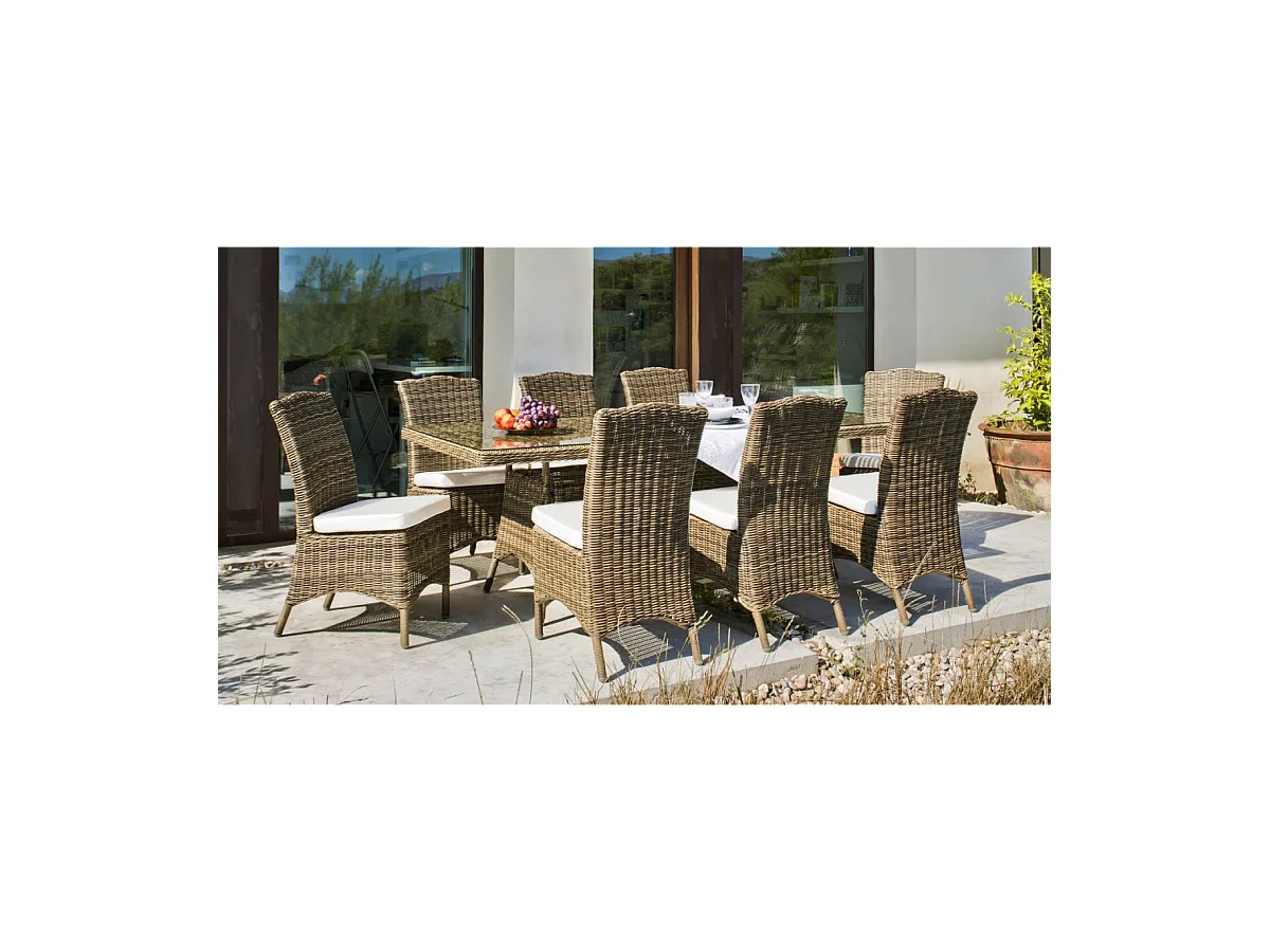 Conjunto de mesa, 8 sillas y 8 cojines Borsalino-220/20/8+8C medula sintetica.
