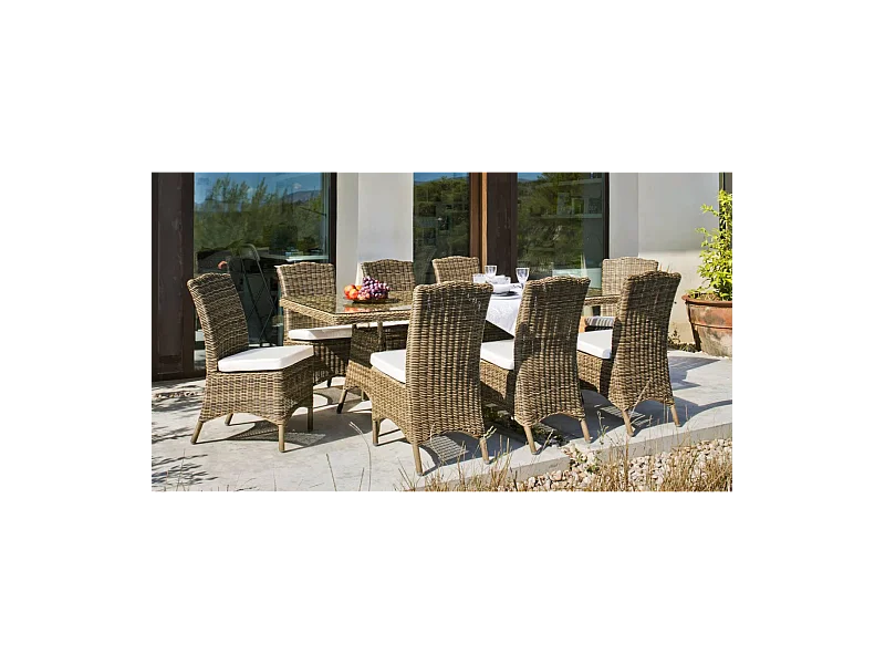 Conjunto de mesa, 8 sillas y 8 cojines Borsalino-220/20/8+8C medula sintetica.