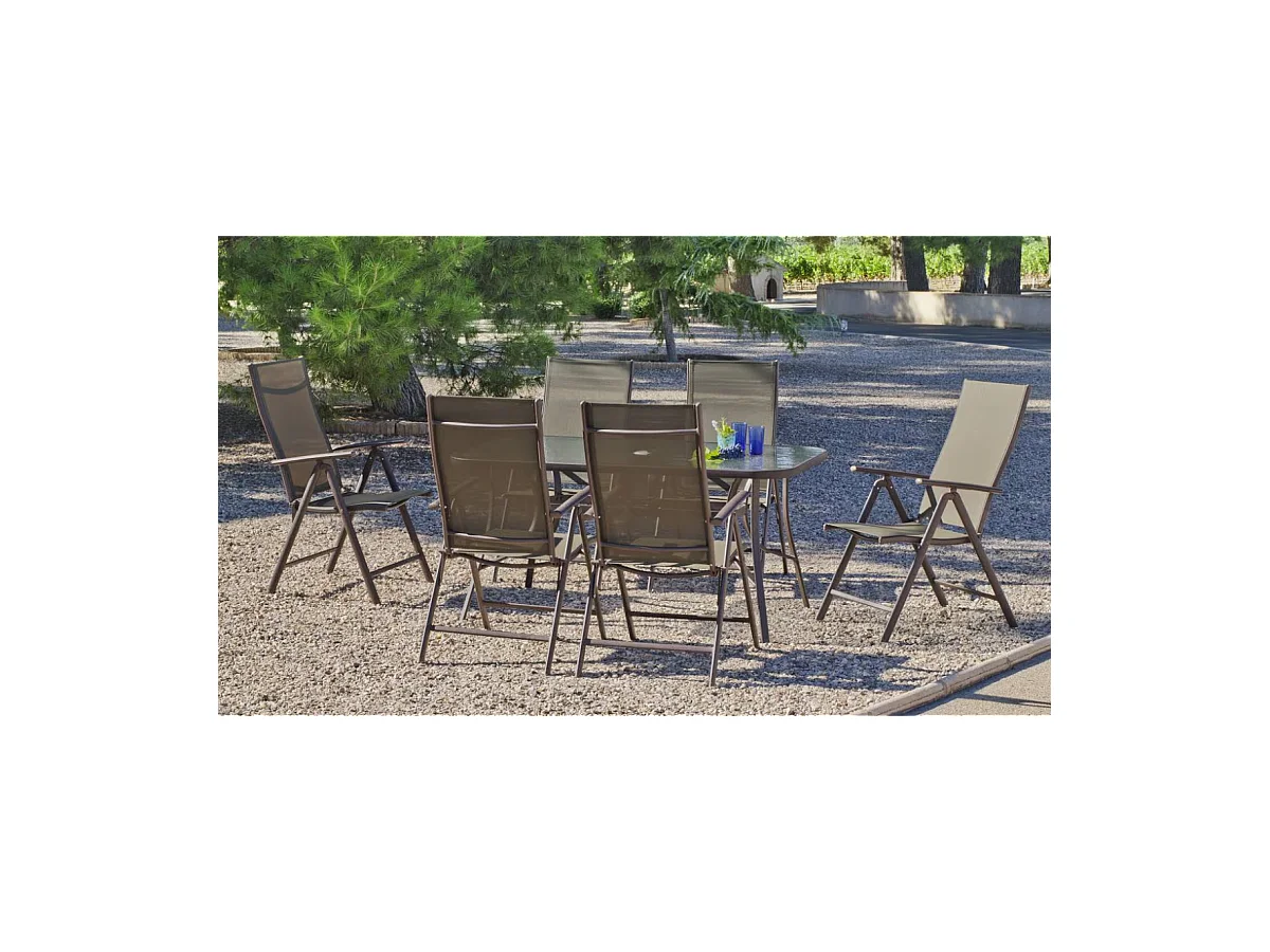 Conjunto mesa y 4 tumbonas acero Macao-151/4TB en acabado color bronce