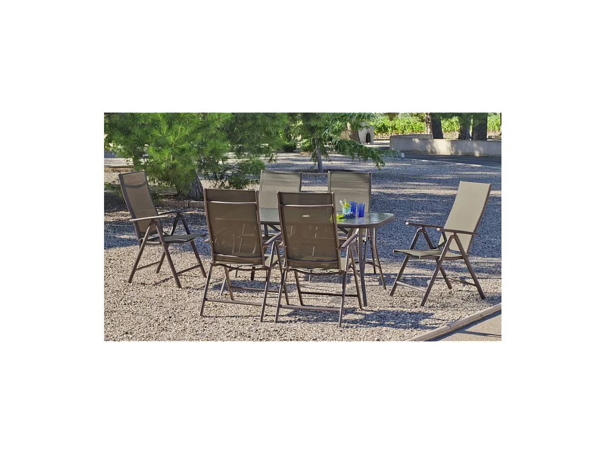 Conjunto mesa y 4 tumbonas acero Macao-151/4TB en acabado color bronce
