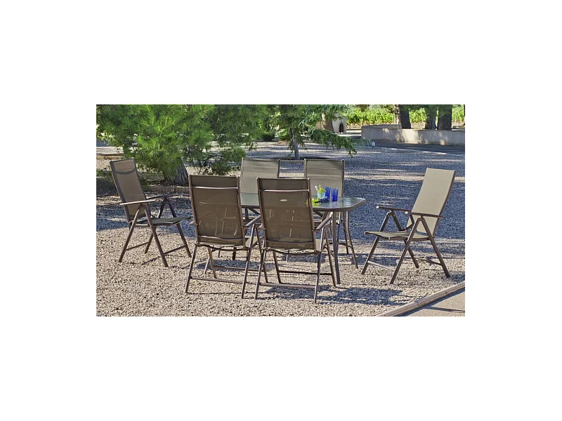 Conjunto mesa y 4 tumbonas acero Macao-151/4TB en acabado color bronce