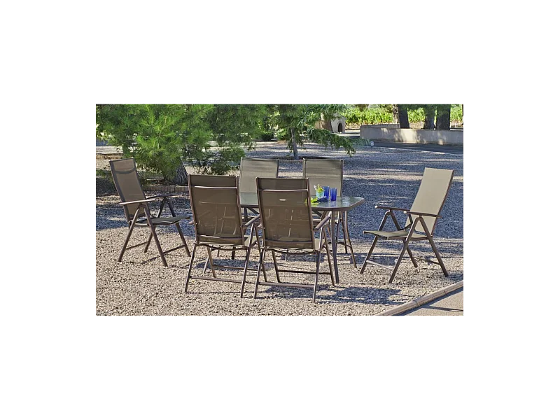 Conjunto mesa y 4 tumbonas acero Macao-151/4TB en acabado color bronce