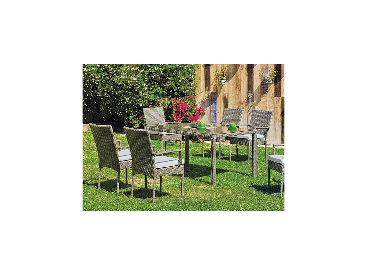Conjunto para jardín de mesa+4 sillones+4 cojines Mali acabado rattan sintetico gris.