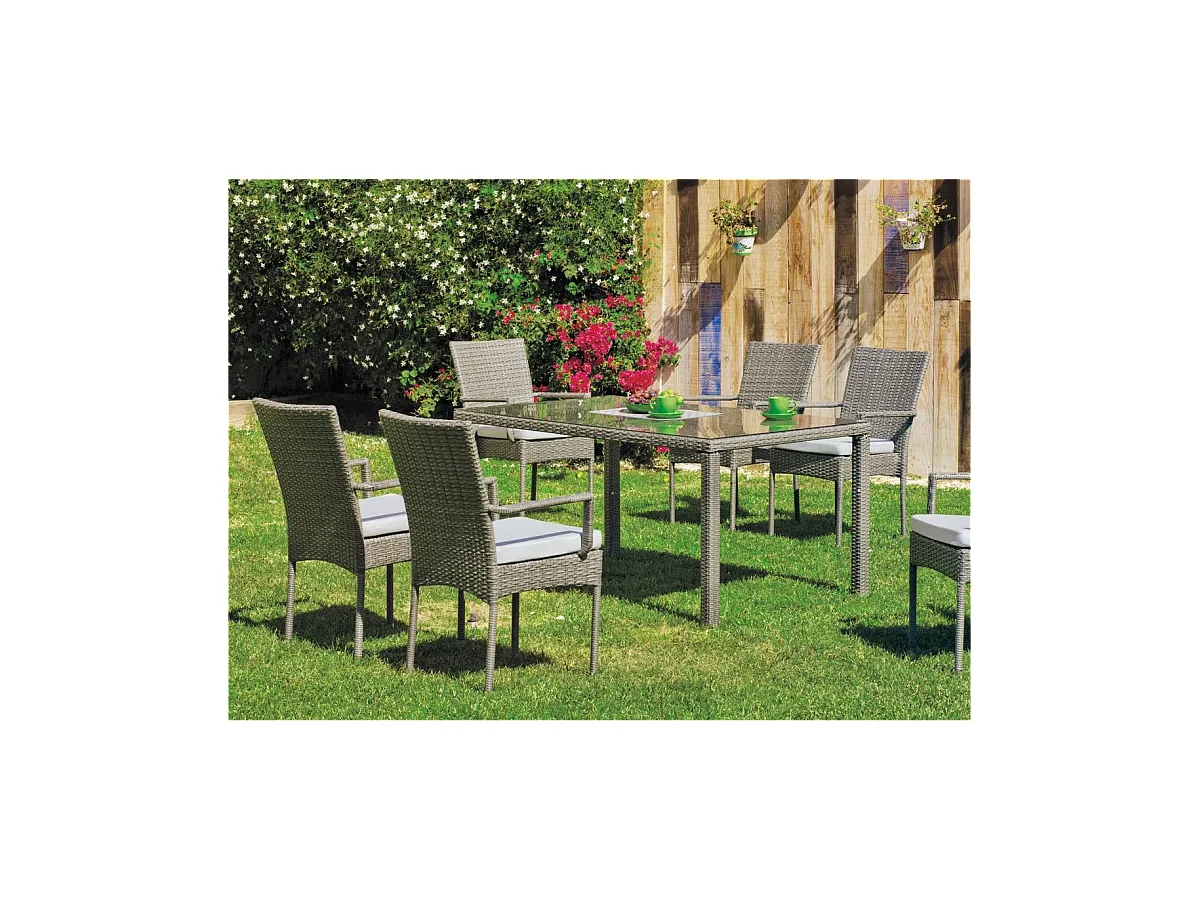 Conjunto para jardín de mesa+4 sillones+4 cojines Mali acabado rattan sintetico gris.