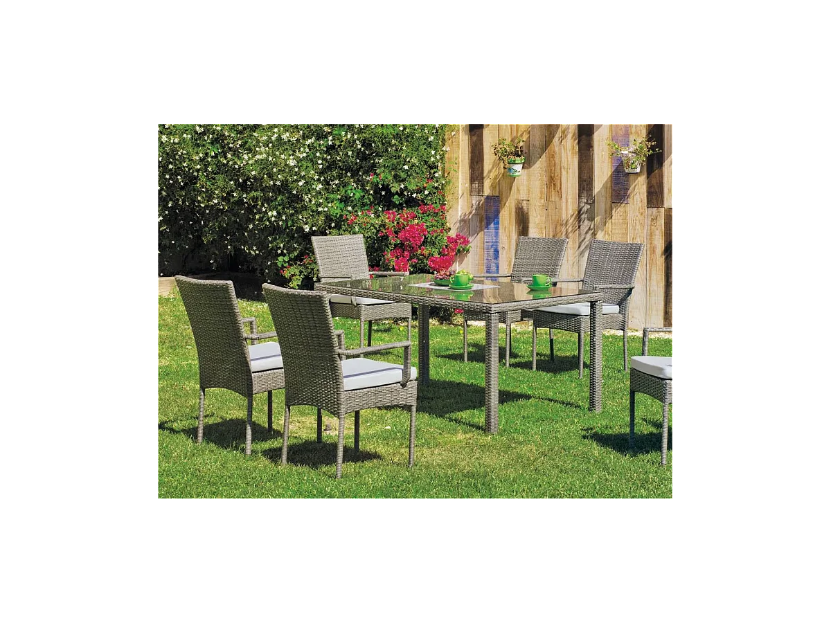 Conjunto para jardín de mesa+4 sillones+4 cojines Mali acabado rattan sintetico gris.