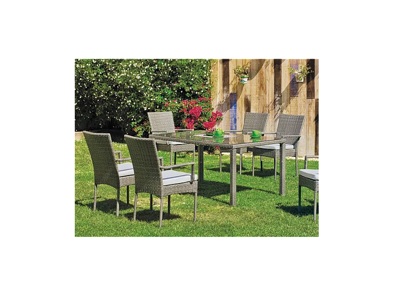 Conjunto para jardín de mesa+4 sillones+4 cojines Mali acabado rattan sintetico gris.