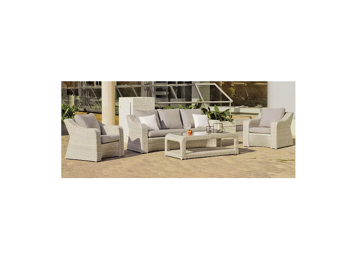 Conjunto sofá 3 plazas + 2 sillones con cojines + mesa de centro Celebes-8 Médula Luxe.