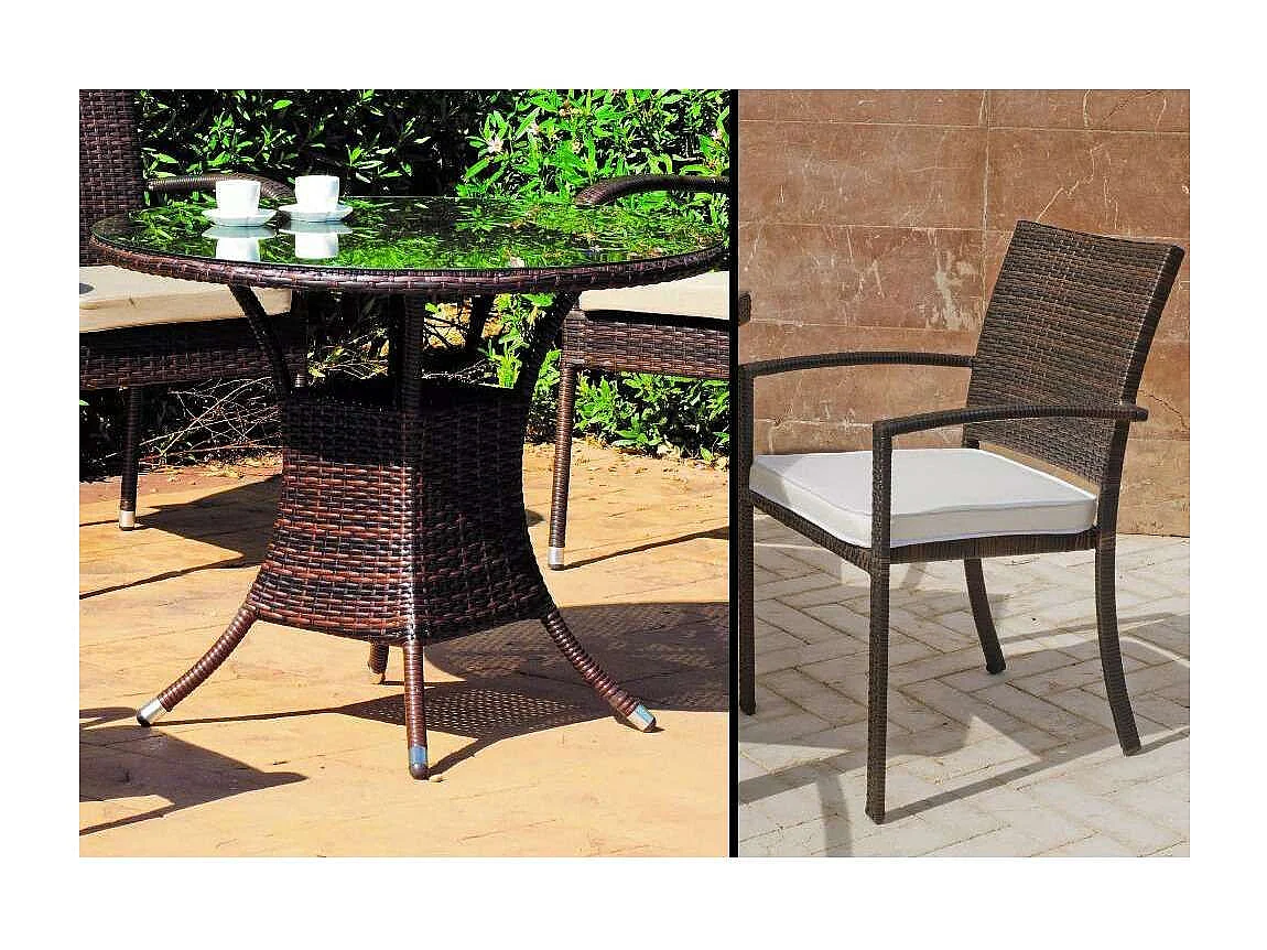 Conjunto jardín mesa y 4 sillones con cojines Bahia en ratán sintético marrón.
