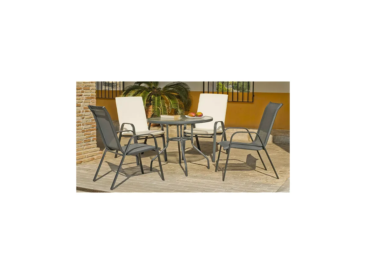 Conjunto de mesa + 4 sillones en acero Sulam-90/4 en acabado gris antracita.