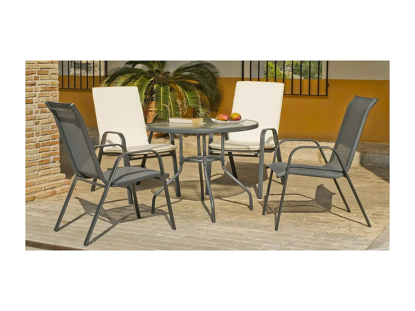 Conjunto de mesa + 4 sillones en acero Sulam-90/4 en acabado gris antracita.