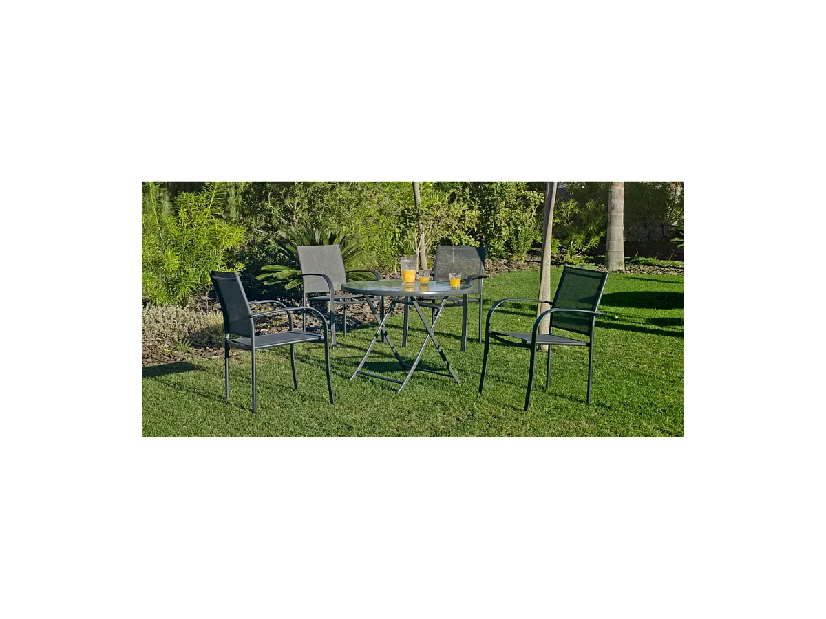 Conjunto de mesa + 4 sillones en acero Cordoba/Sulam-90/4 en acabado gris antracita.