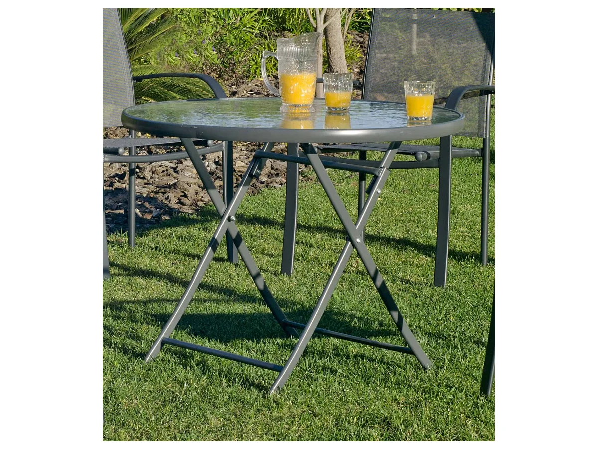 Conjunto de mesa + 4 sillones en acero Cordoba/Sulam-90/4 en acabado gris antracita.