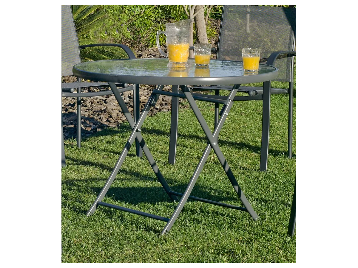 Conjunto de mesa + 4 sillones en acero Cordoba/Sulam-90/4 en acabado gris antracita.