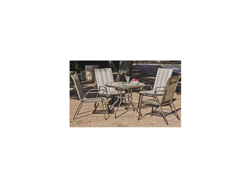 Conjunto mesa + 4 sillones acero Macao-90/4 en acabado color bronce