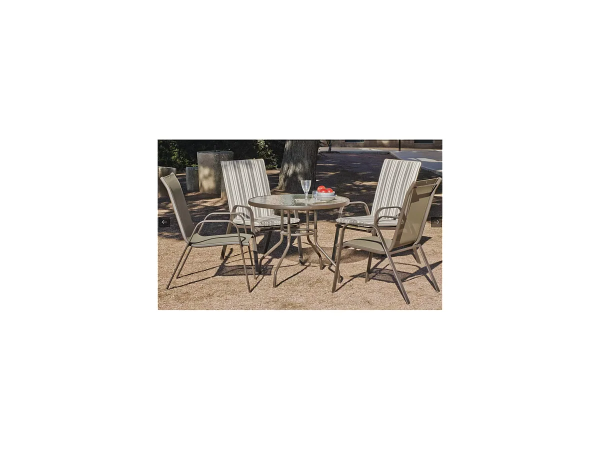 Conjunto mesa + 4 sillones acero Macao-90/4 en acabado color bronce