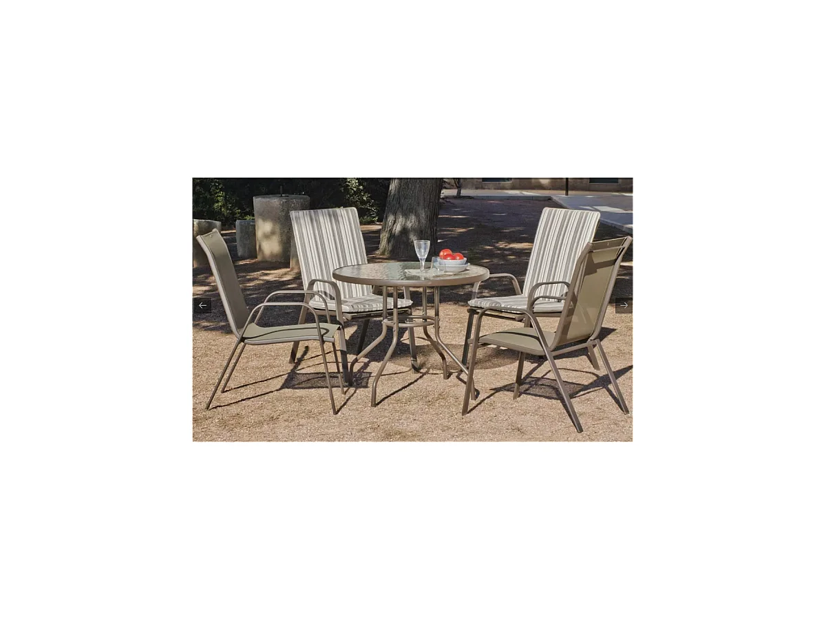 Conjunto mesa + 4 sillones acero Macao-90/4 en acabado color bronce