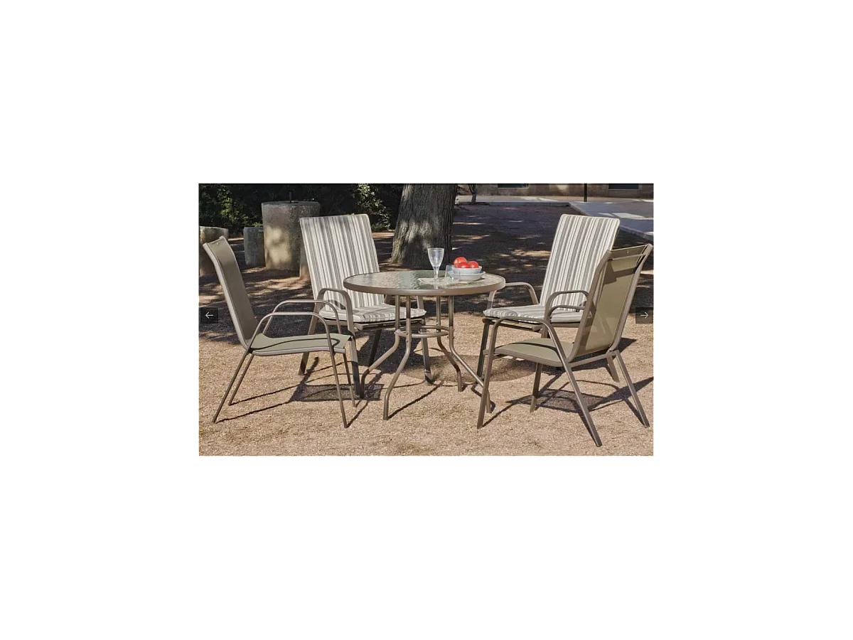Conjunto mesa + 4 sillones acero Macao-90/4 en acabado color bronce