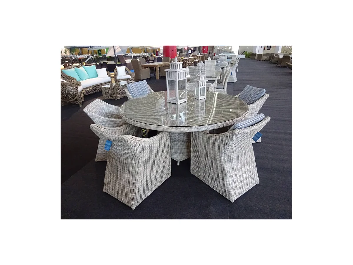 Conjunto mesa redonda + 6 sillones con cojines para terraza jardín Celebes-150/6, Médula