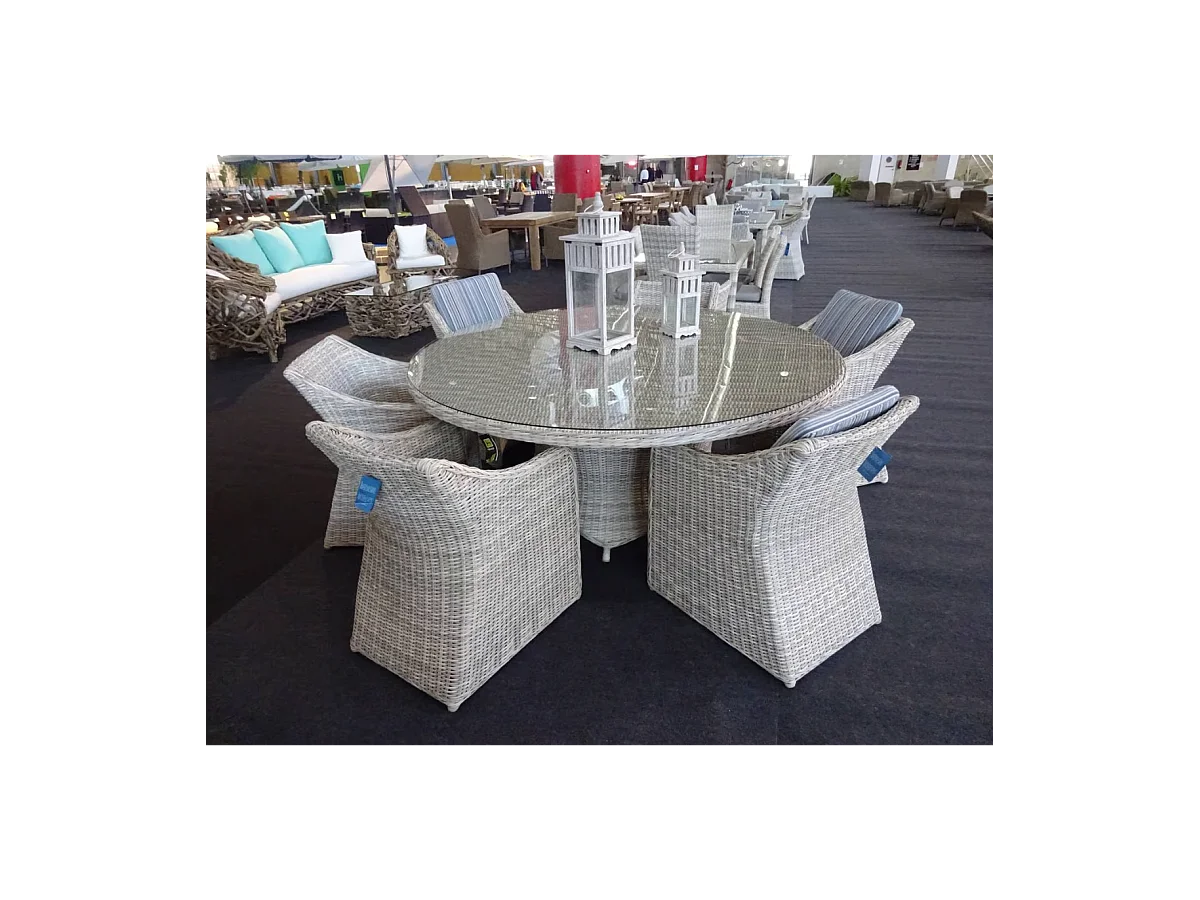 Conjunto mesa redonda + 6 sillones con cojines para terraza jardín Celebes-150/6, Médula