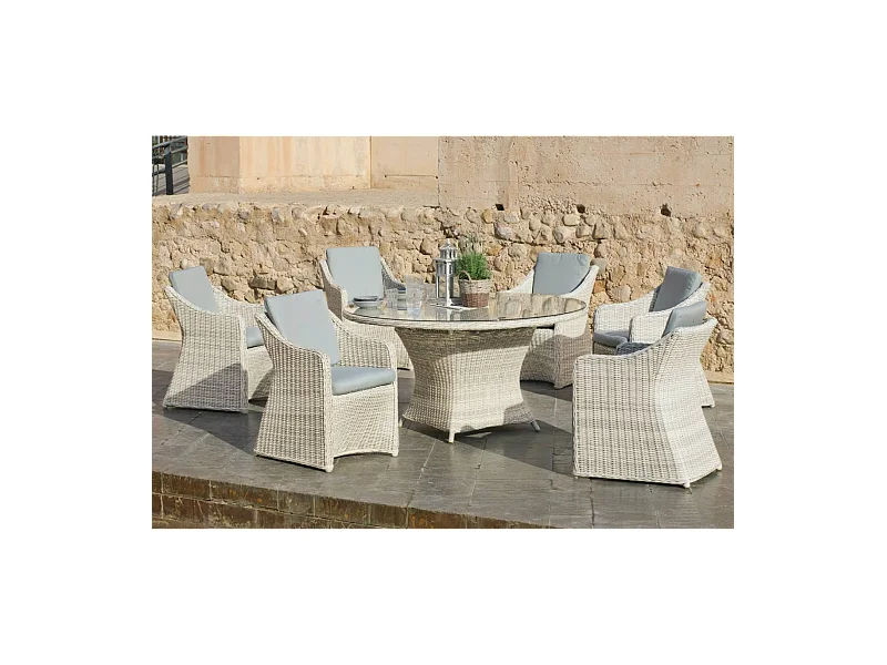Conjunto mesa redonda + 6 sillones con cojines para terraza jardín Celebes-150/6, Médula