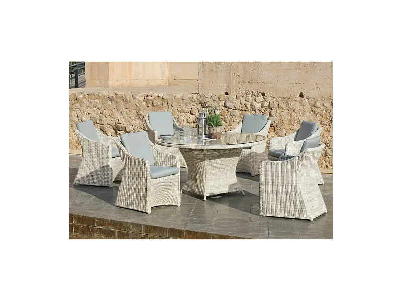 Conjunto mesa redonda + 6 sillones con cojines para terraza jardín Celebes-150/6, Médula