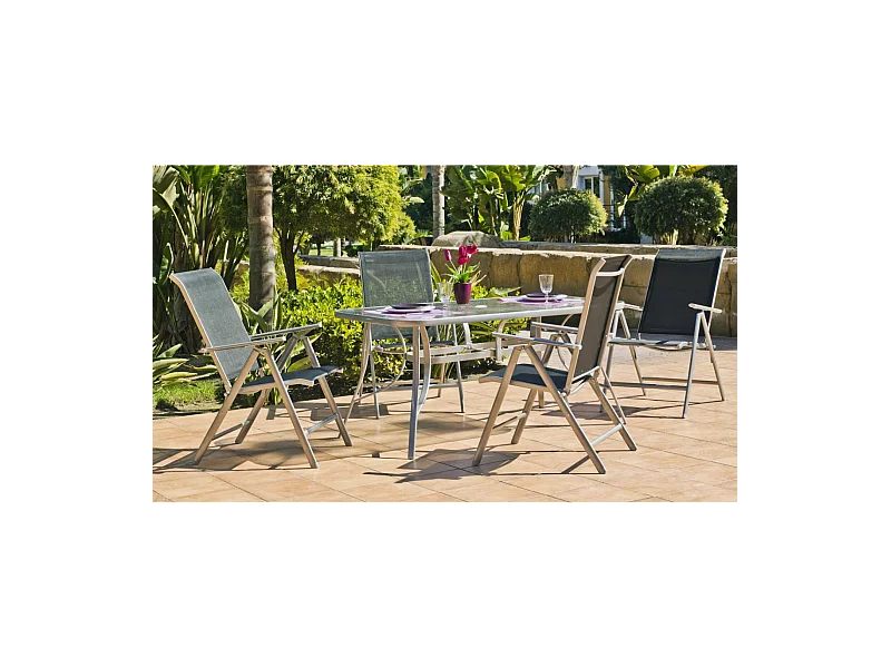 Conjunto mesa + 4 tumbonas acero Seul-151/4TB en acabado color plata.