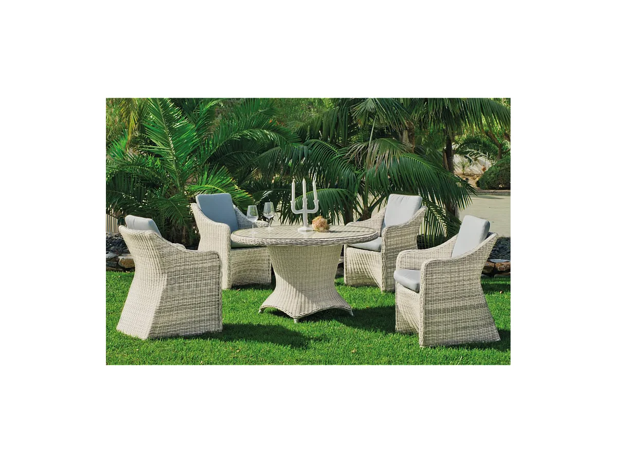 Conjunto mesa redonda + 4 sillones con cojines para terraza jardín Celebes-120/4, Médula