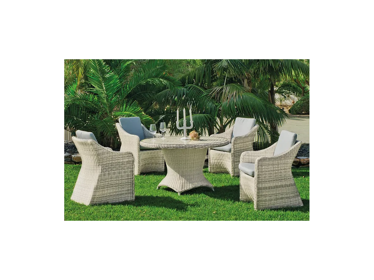 Conjunto mesa redonda + 4 sillones con cojines para terraza jardín Celebes-120/4, Médula