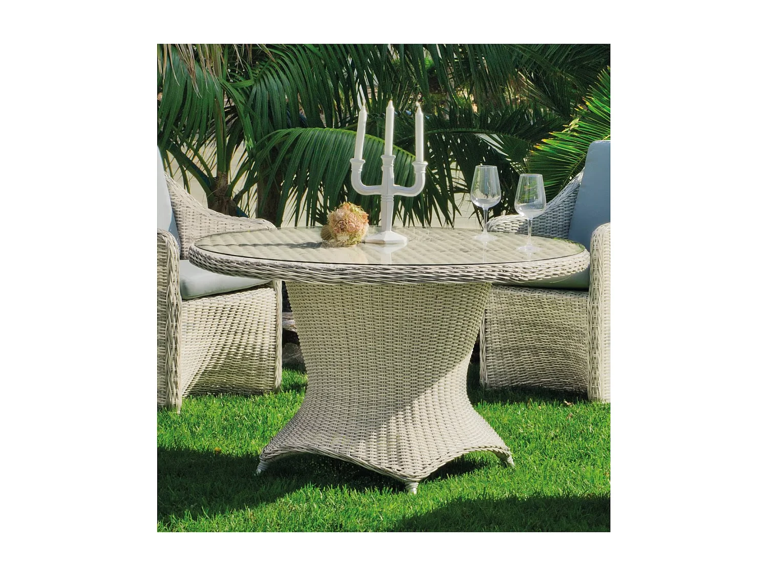 Conjunto mesa redonda + 4 sillones con cojines para terraza jardín Celebes-120/4, Médula