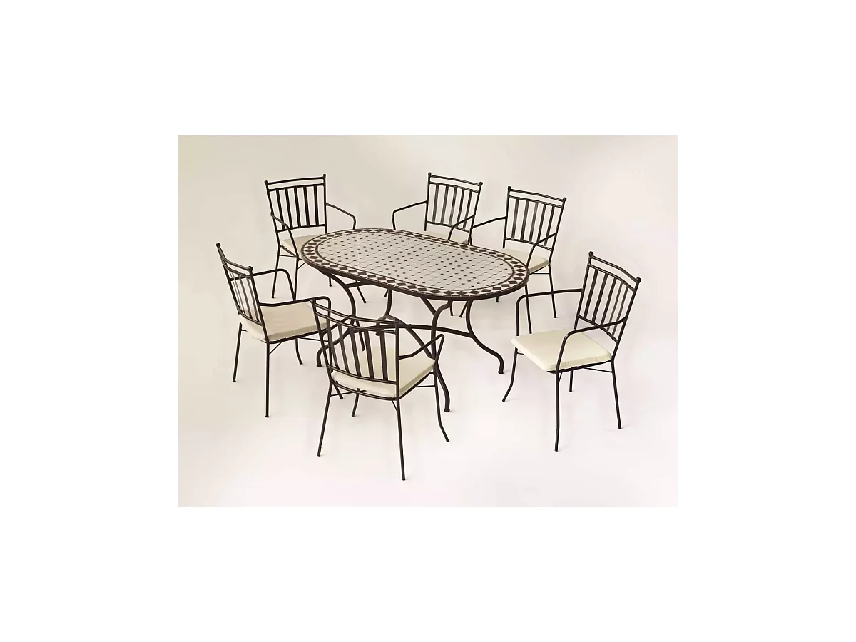 Conjunto de mesa+4 sillones+4 cojines terraza jardín mosaico Sambala/Shifa-150/4+4C.