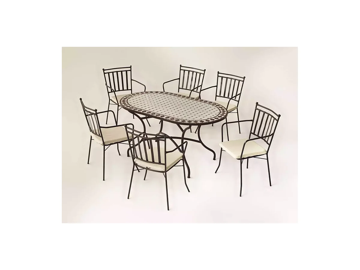 Conjunto de mesa+4 sillones+4 cojines terraza jardín mosaico Sambala/Shifa-150/4+4C.