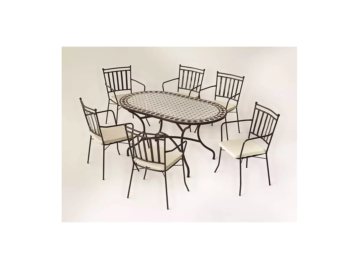 Conjunto de mesa+4 sillones+4 cojines terraza jardín mosaico Sambala/Shifa-150/4+4C.