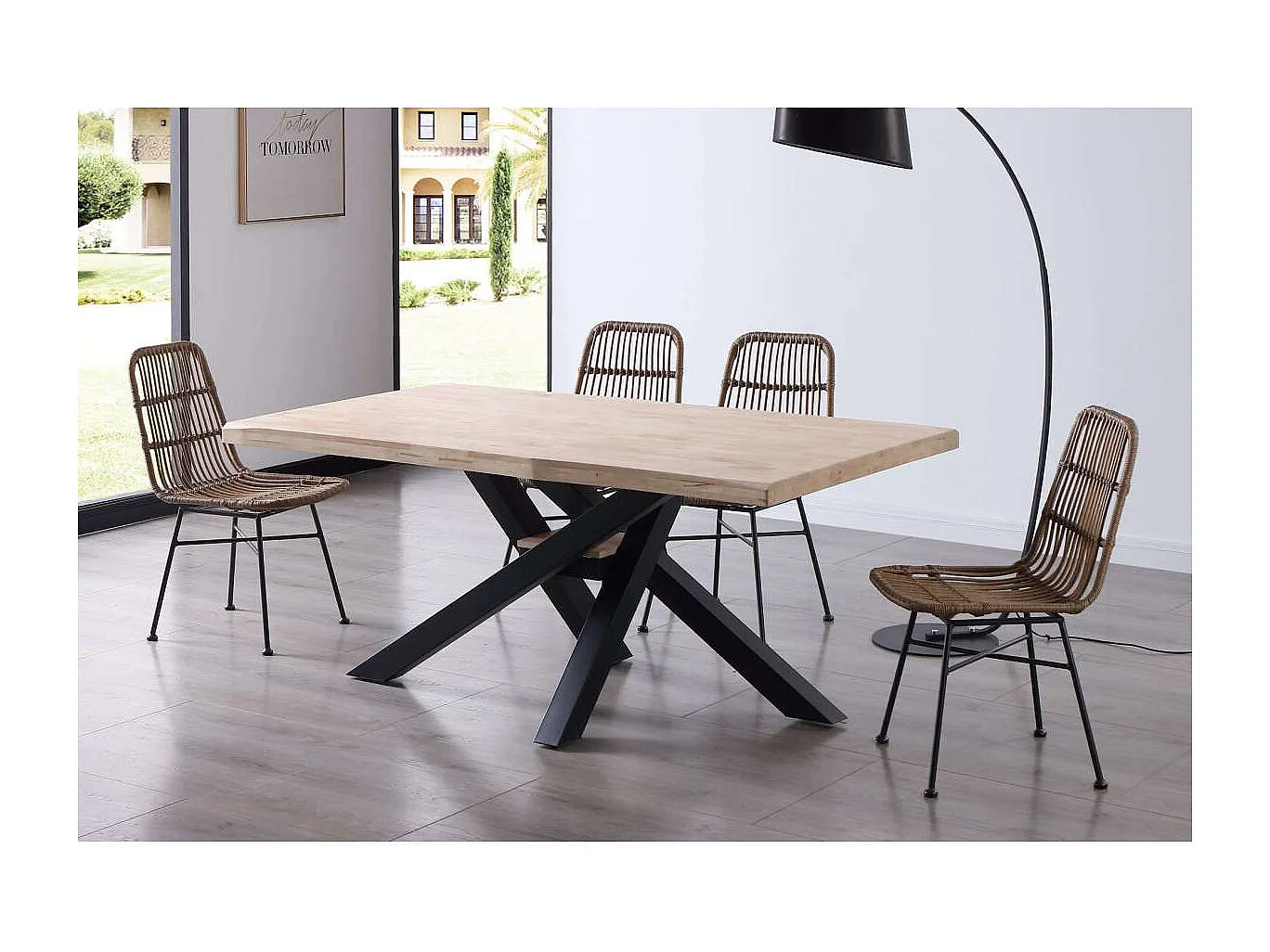 Mesa de comedor fija Xena 180 tapa con forma acabado roble nordish/negro, 76 cm(alto)180 c