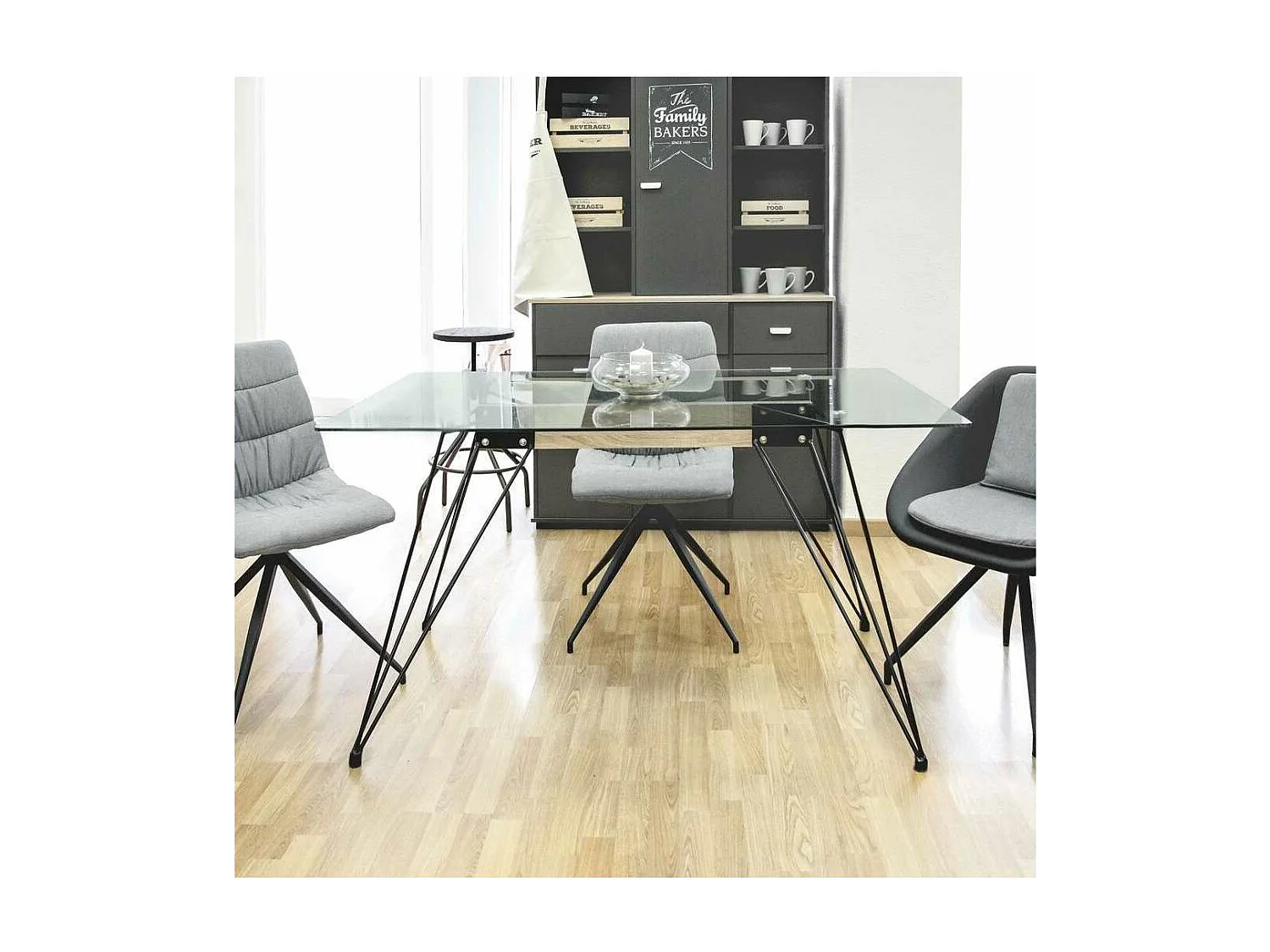 Mesa para cocina, comedor Md-Sally tapa cristal transparente, 140cm(ancho) 75cm(altura) 90