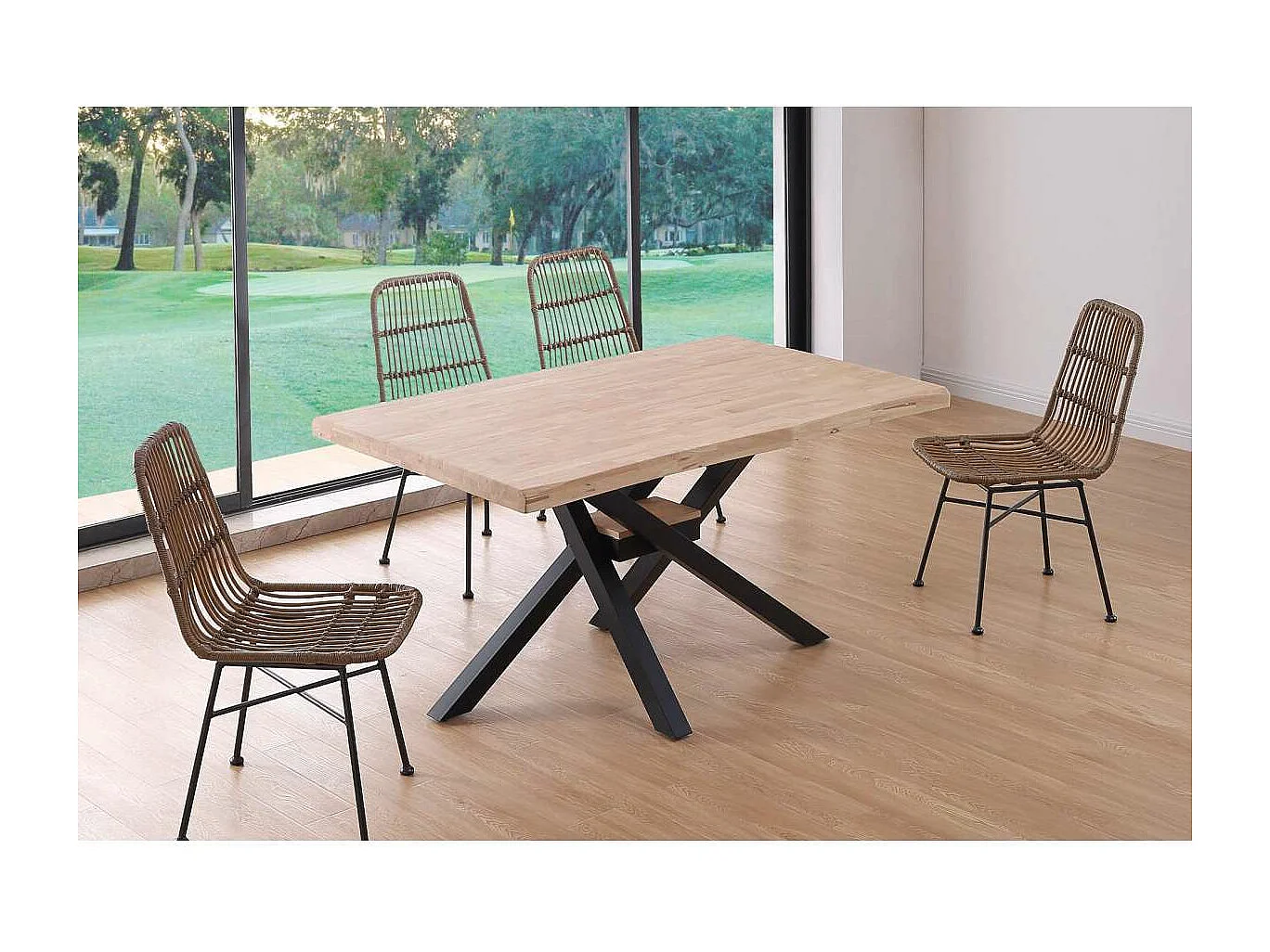 Mesa de comedor fija Xena 150 tapa con forma acabado roble nordish/negro, 76 cm(alto)150 c