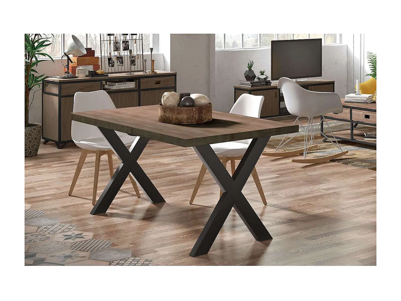 Mesa salon fija X-Loft-140 acabado roble american/negro, 76 cm(alto)140 cm(ancho)80 cm(lar