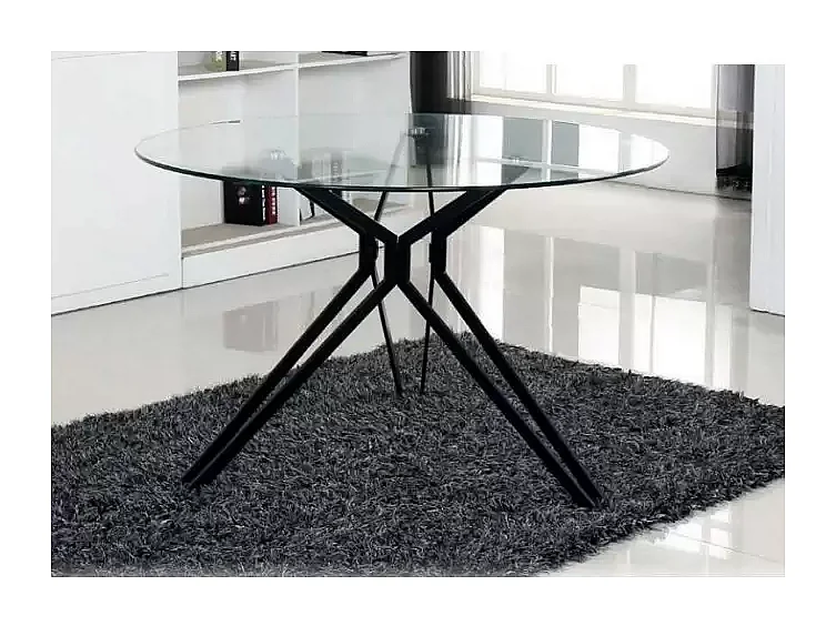 Mesa redonda River tapa cristal y patas negras. 75 cm(alto)110 cm(ancho)
