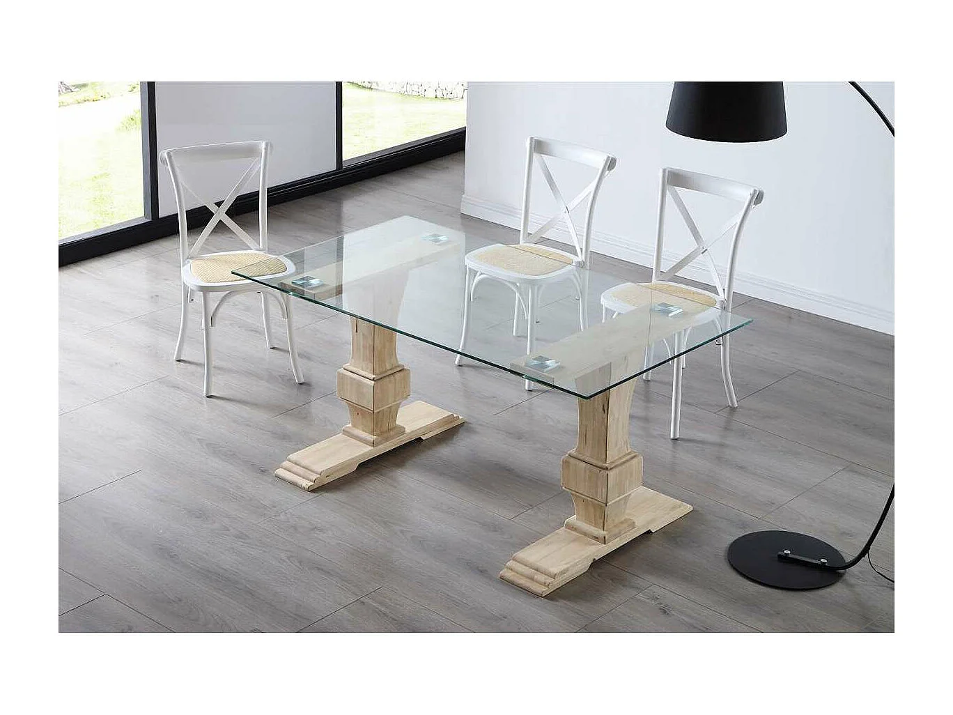 Mesa de comedor Versalles acabado Roble Nordish tapa cristal, 76cm(alto) 150cm(ancho) 90cm