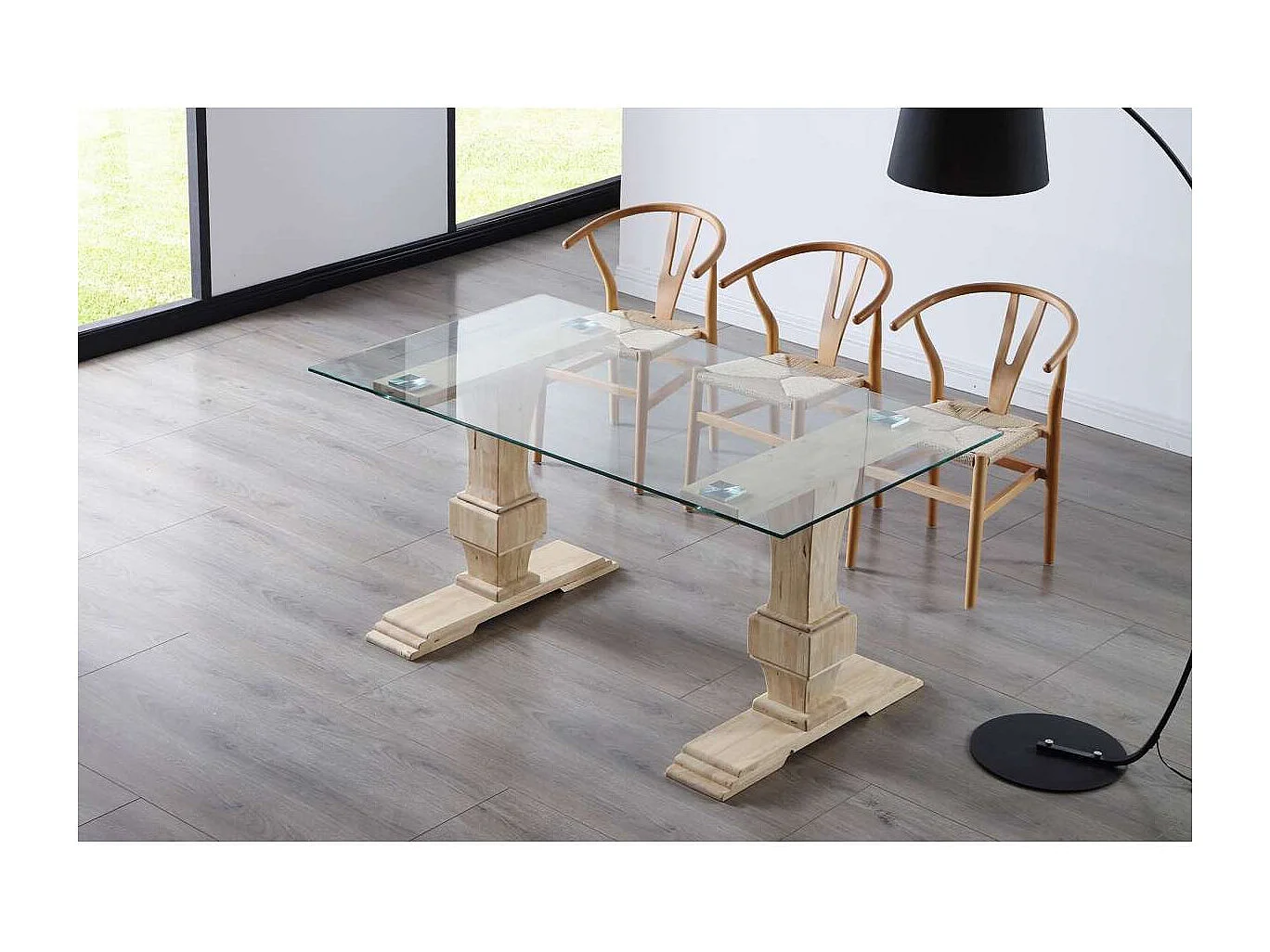 Mesa de comedor Versalles acabado Roble Nordish tapa cristal, 76cm(alto) 160cm(ancho) 90cm