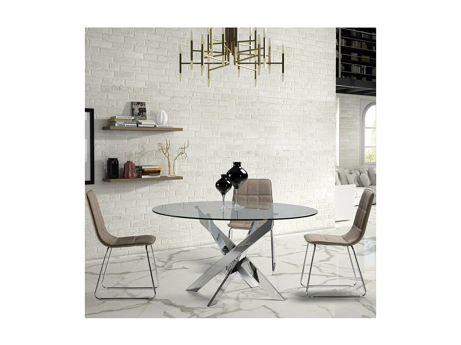 Mesa redonda modelo Rota acabado cromado 76 cm (alto) 140 cm (ancho) 140 cm (fondo)