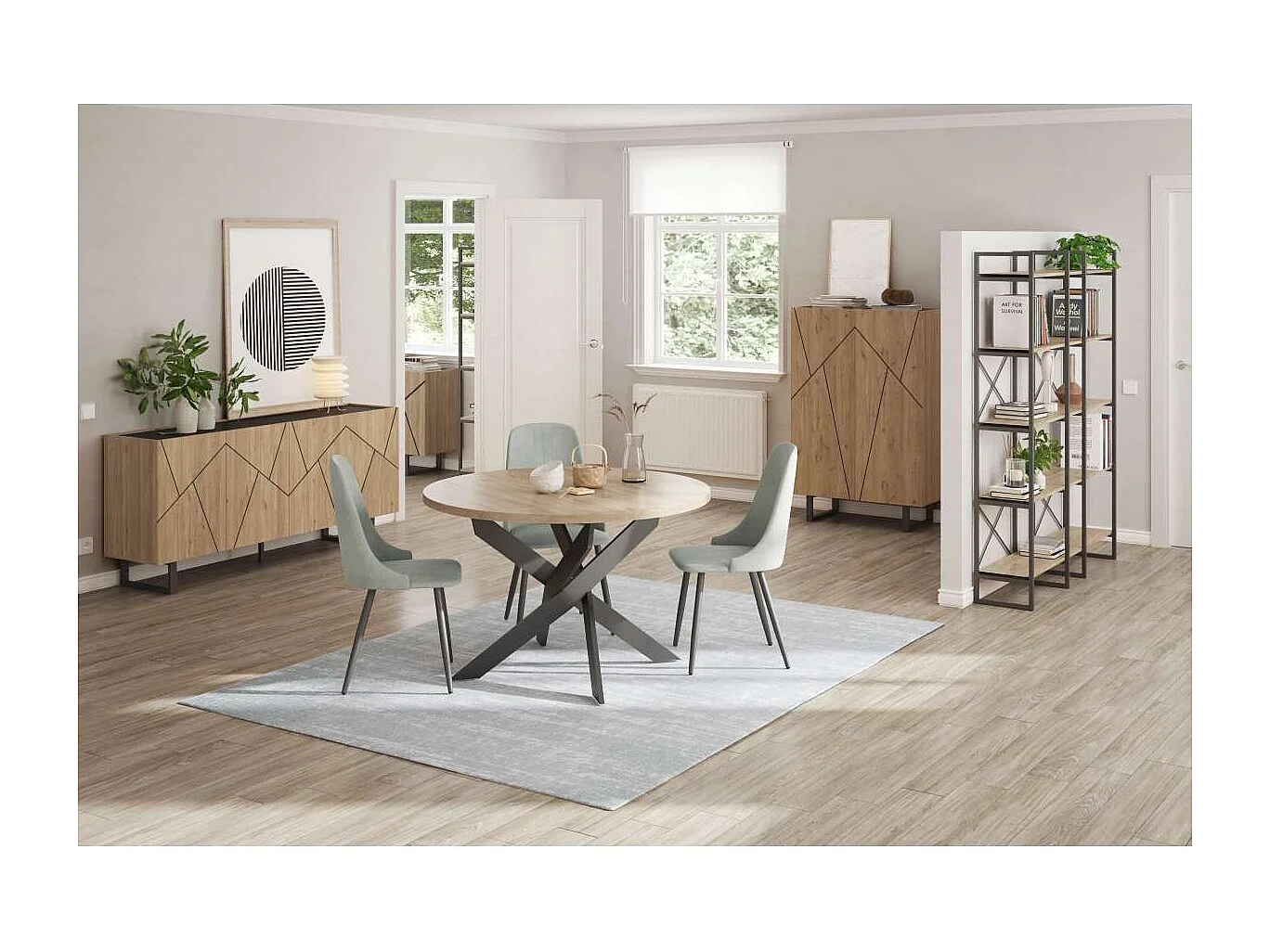 Mesa comedor redonda ALEJANDRO acabado natural/negro, 77cm(alto) 120cm(ancho) 120cm(largo)