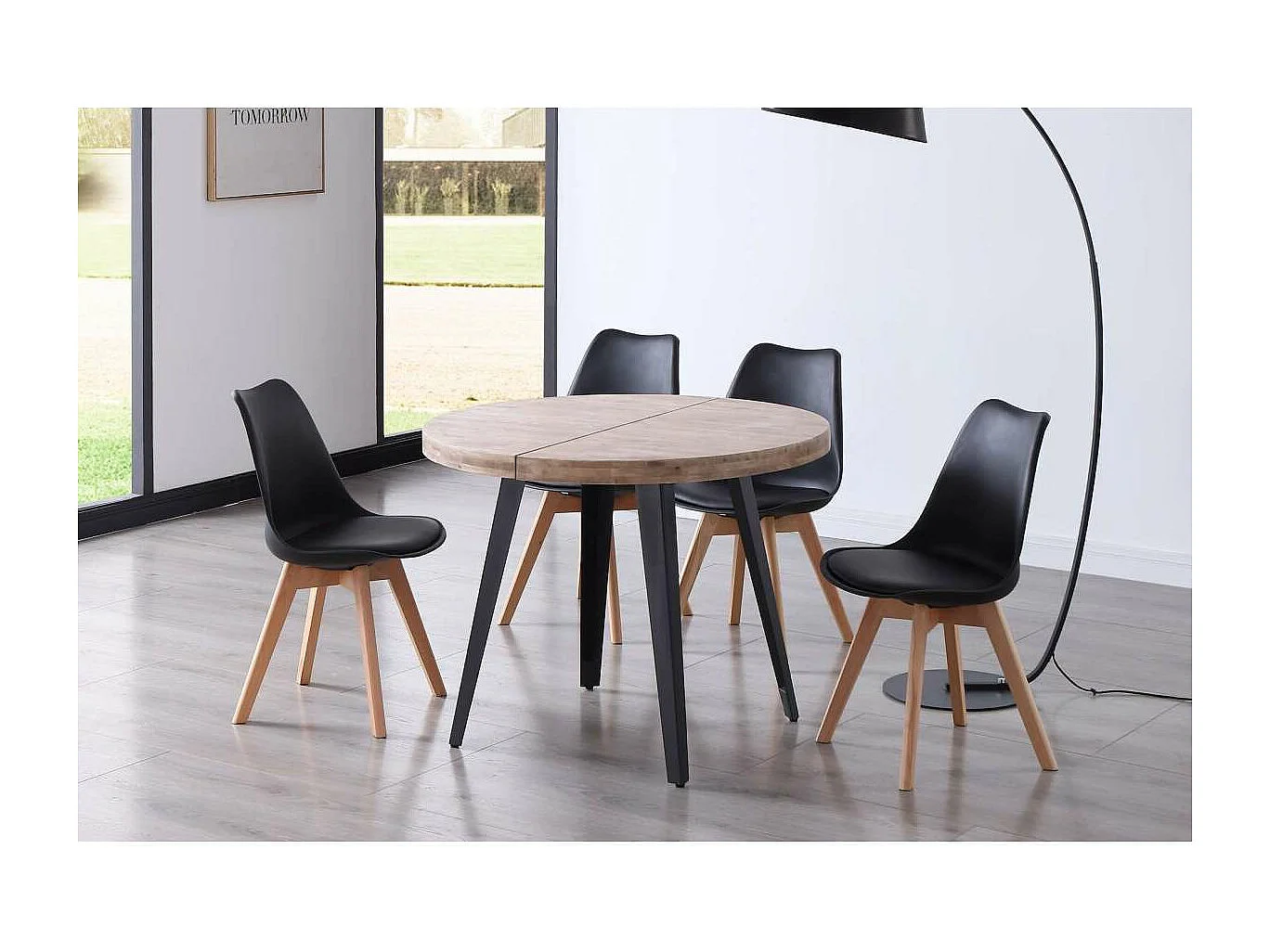 Mesa redonda extensible Berg roble honey patas negras 76 cm(alto) 100cm(ancho) 100-140-180