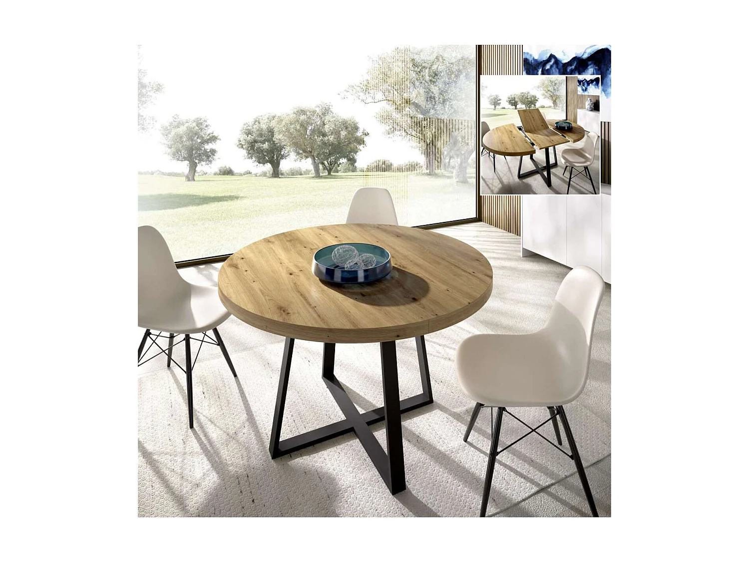 Mesa salon redonda extensible Rin acabado Nordic, 75 cm(alto)110-158 cm(ancho)110 cm(largo