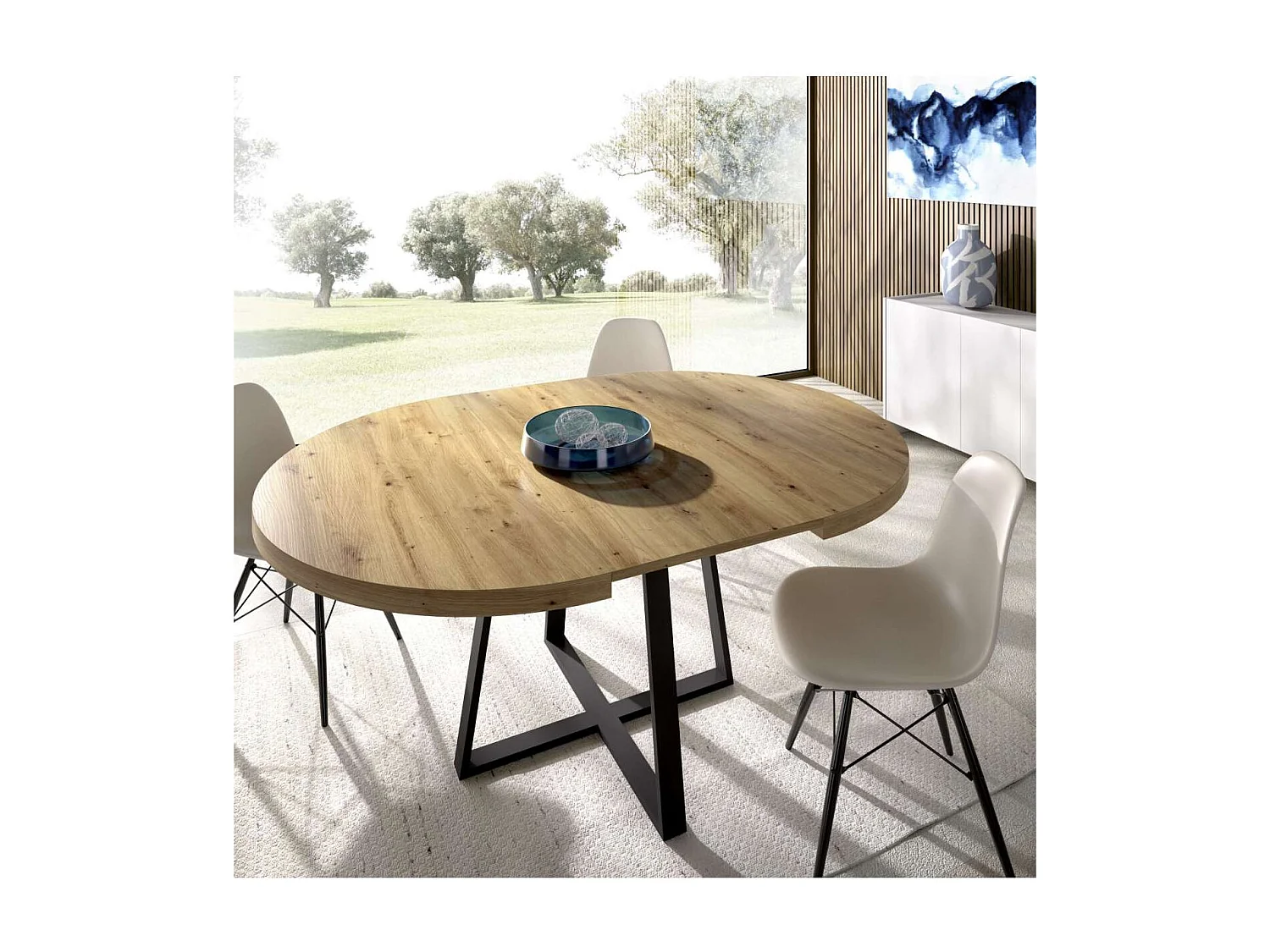 Mesa salon redonda extensible Rin acabado Nordic, 75 cm(alto)110-158 cm(ancho)110 cm(largo