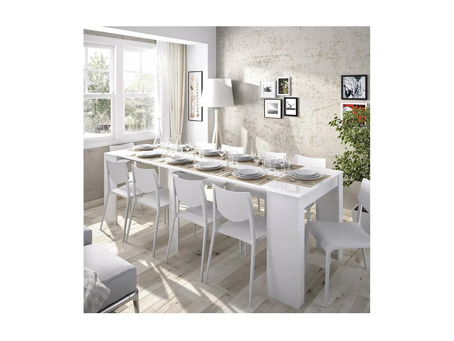 Mesa comedor Bailen multifuncion extensible en blanco brillo. 77 cm(alto)54-101-147-194-24