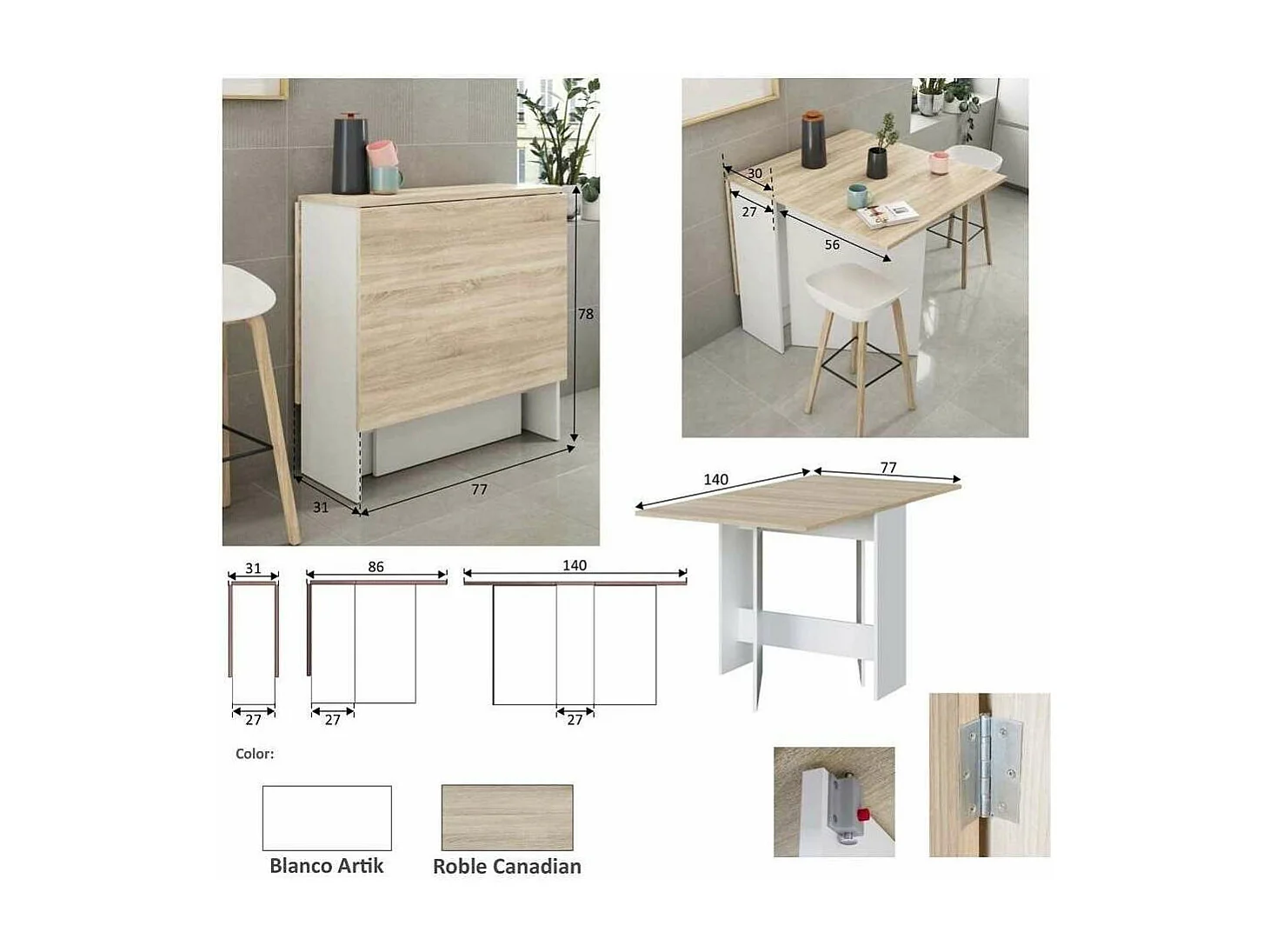 Mesa de cocina con alas abatibles Cosmos 31/86/140cm (ancho) 78cm (alto) 77cm (fondo).