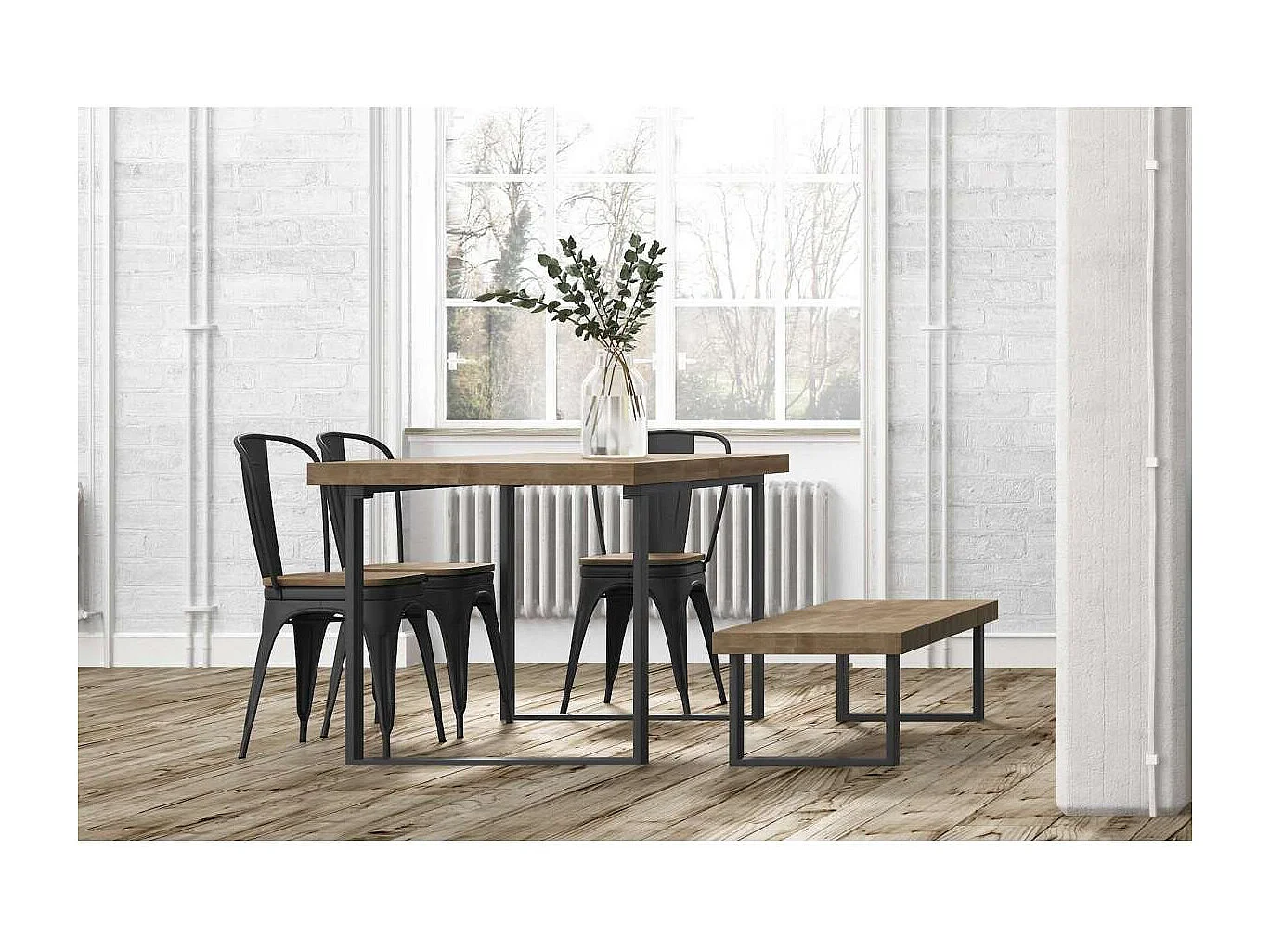 Mesa extensible Natural de estilo Industrial Roble American/Negro 76 cm(alto)140-180 cm(an