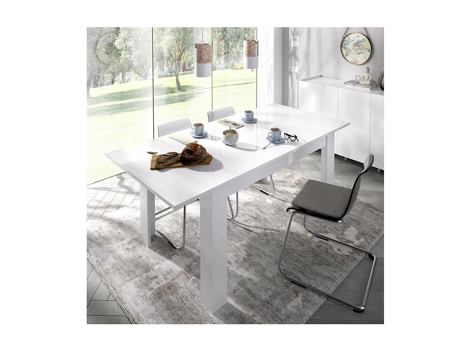 Mesa de salon extensible Baños de la encina en color blanco brillo. 76 cm(alto)140-180 cm