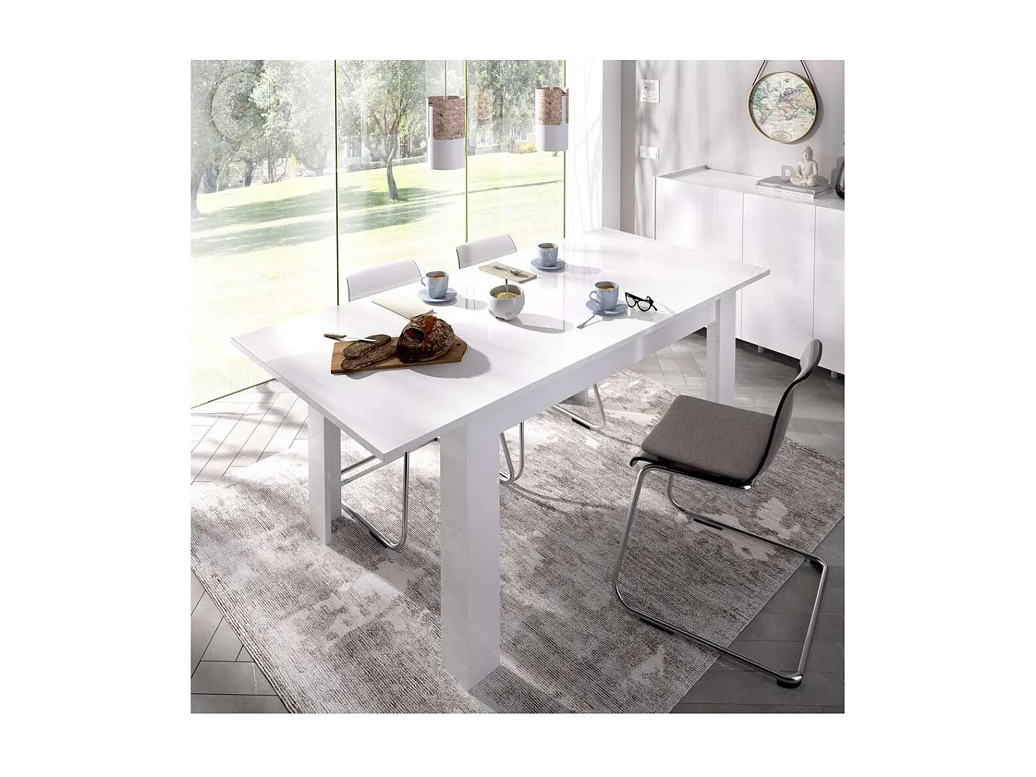 Mesa de salon extensible Baños de la encina en color blanco brillo. 76 cm(alto)140-180 cm